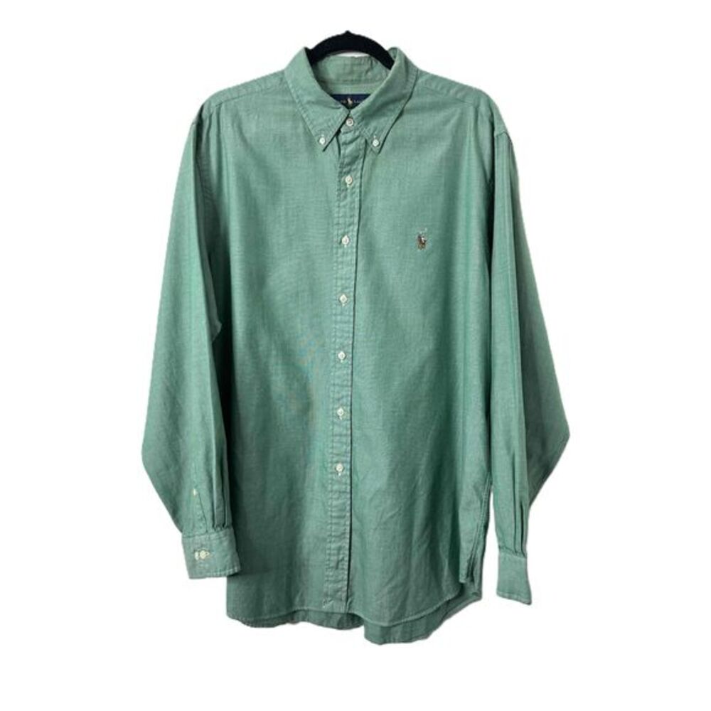 Ralph Lauren Mens Shirt Size 17 1/2 35 Green Long Sleeve Button Down Flesh Pony